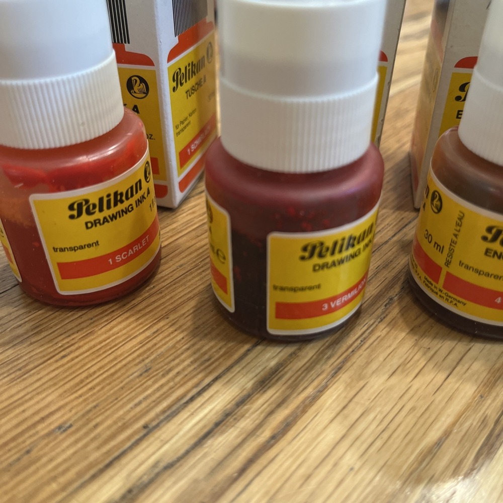Vintage Pelikan Drawing Ink 1 fl. oz. 30 ml Lot MPN 518- Scarlet Ultramarine Etc - Picture 3 of 10